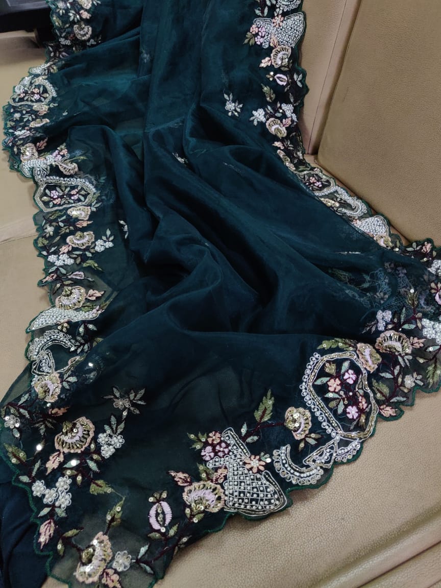 Zardosi organza saree - Saffronfashionindia