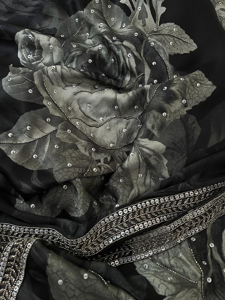 Marzaani satin floral saree - Saffronfashionindia