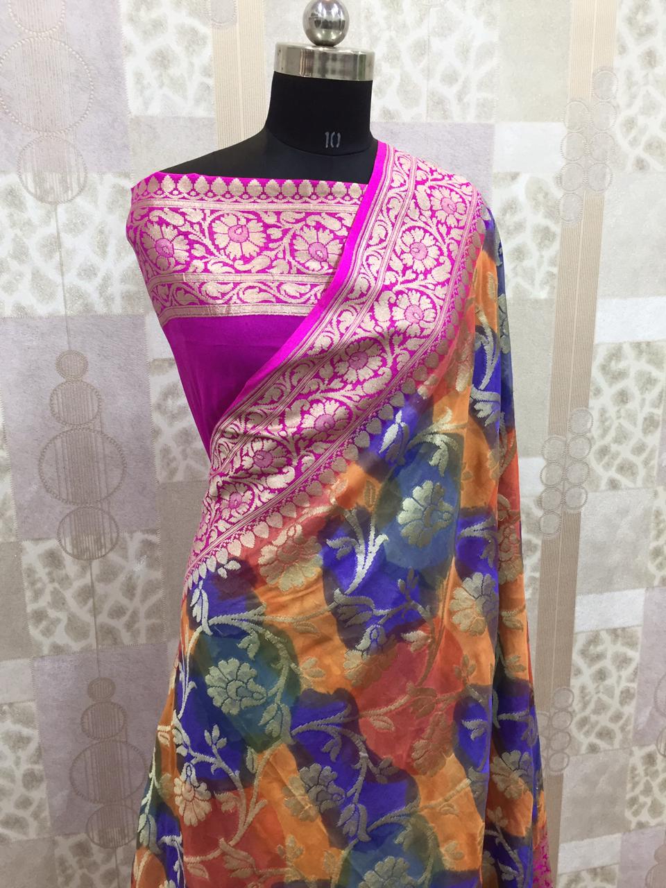 Ranika khaddi gorgette saree Saffron fashion