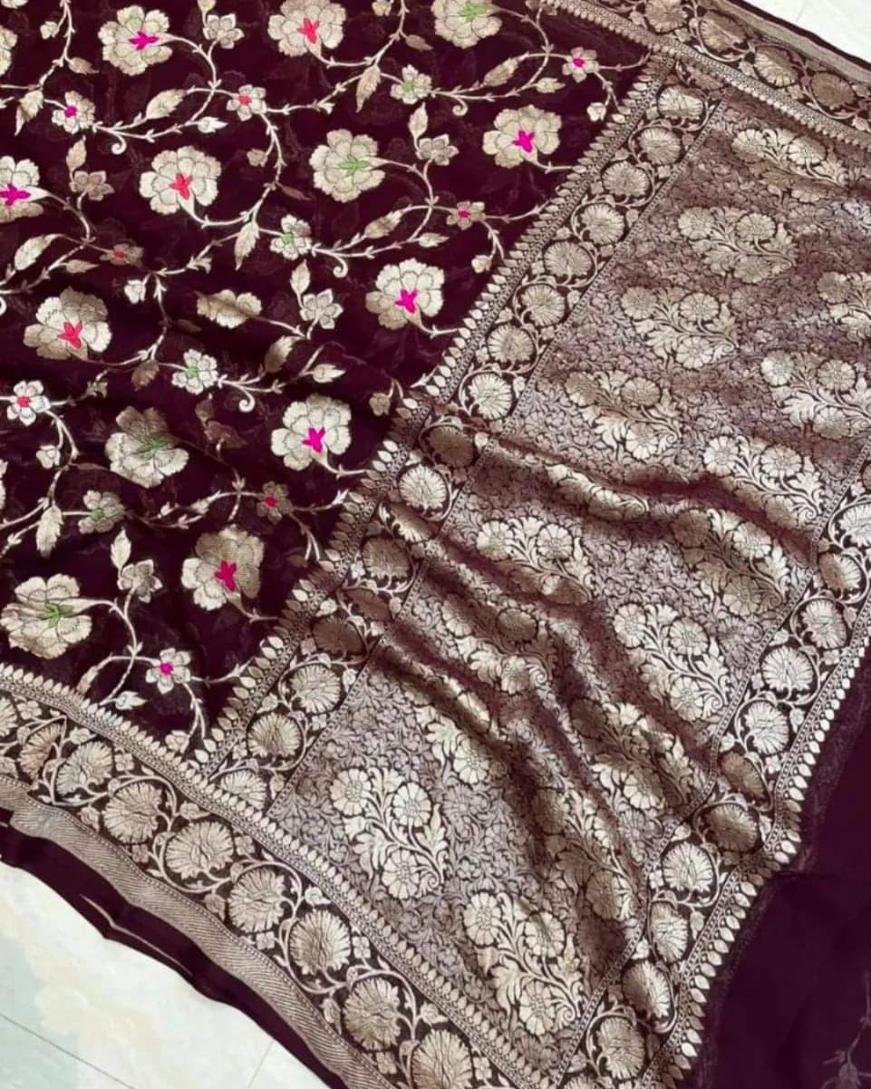 Nashina Banarsi gorgette saree - Saffronfashionindia