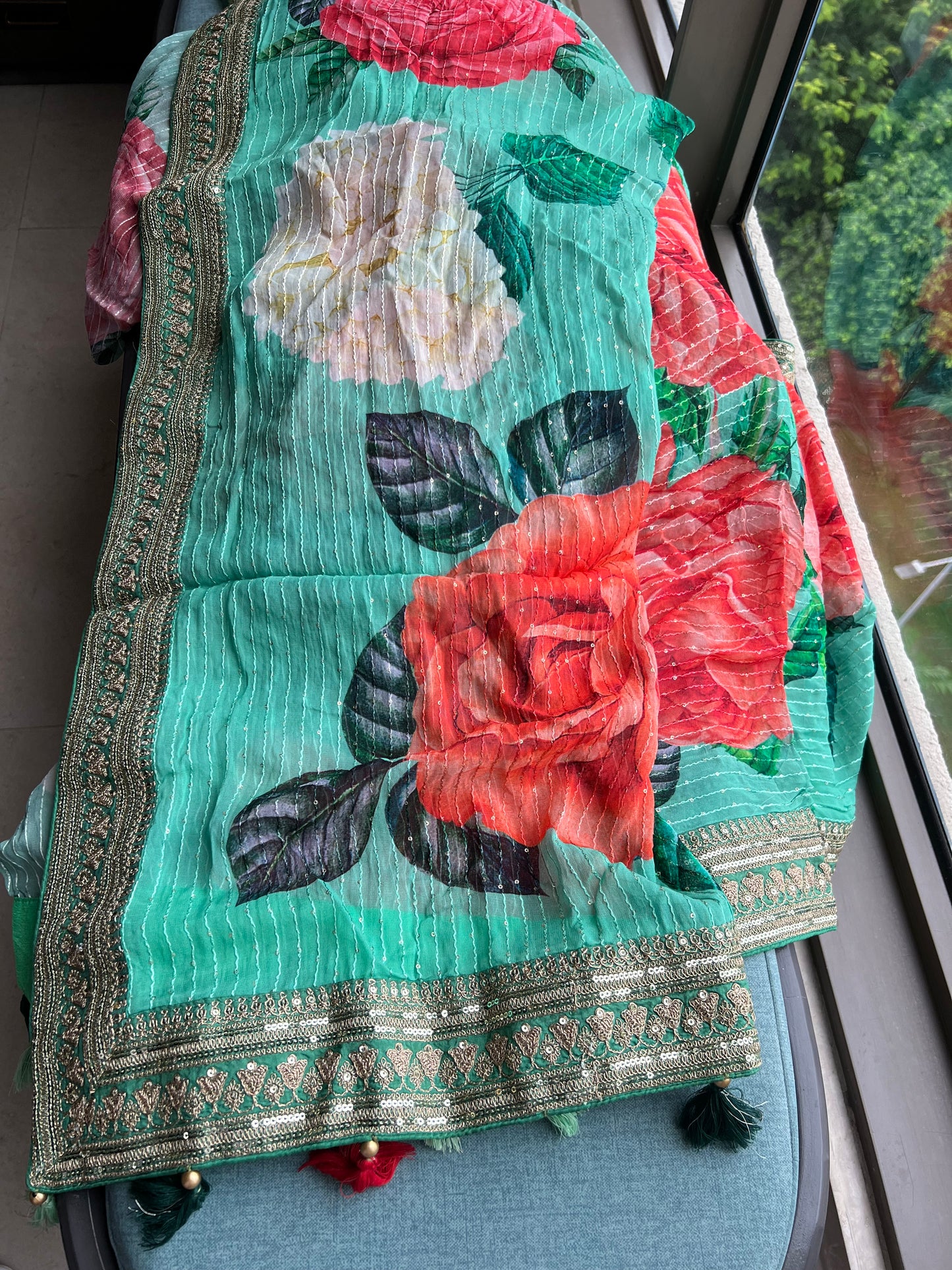 Floral elegant Gorgette saree green saree - Saffronfashionindia