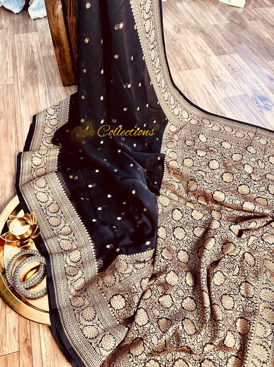 Black handwoven Khaddi Gorgette saree Indian traditional sarees - Saffronfashionindia