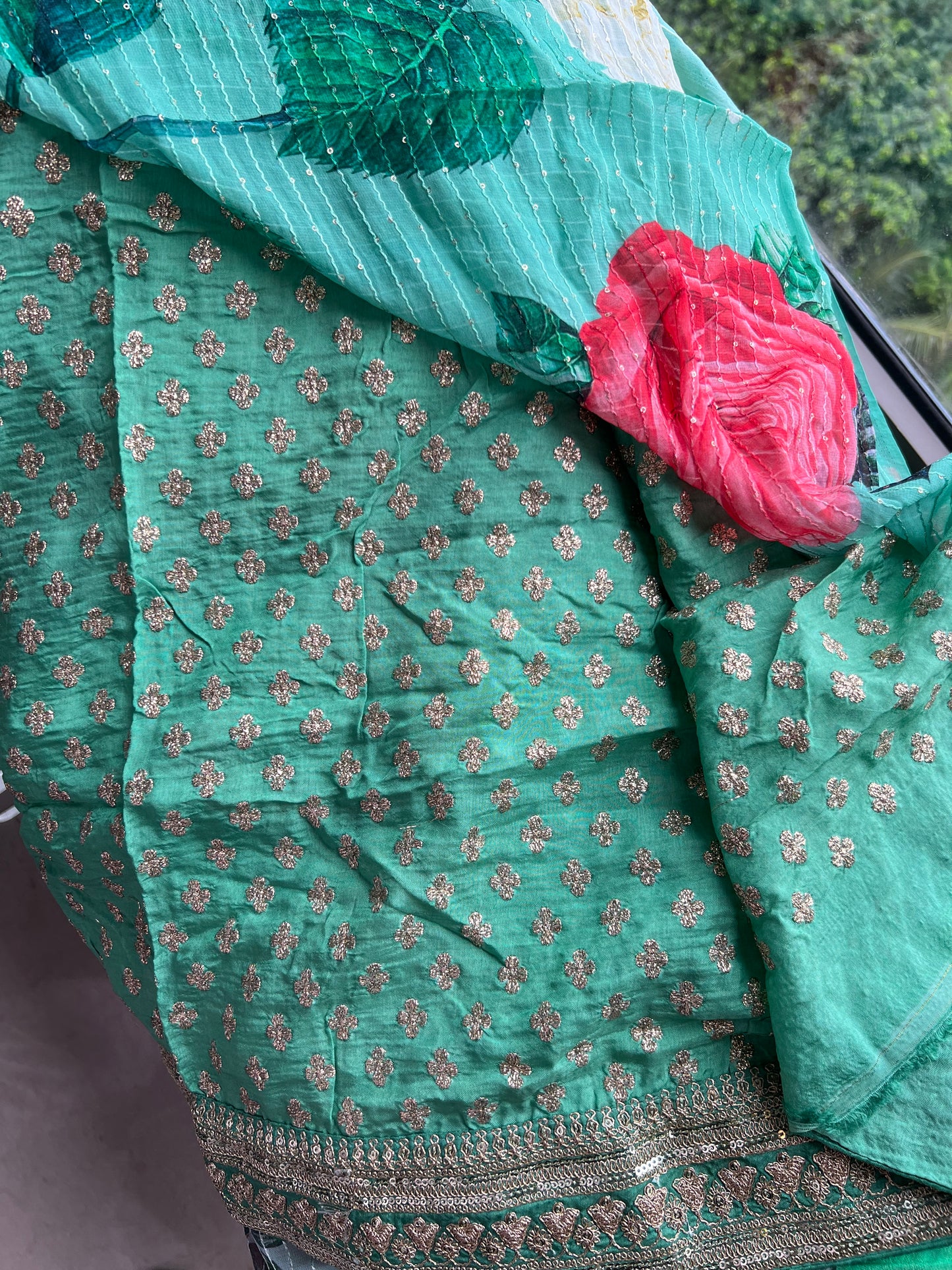 Floral elegant Gorgette saree green saree - Saffronfashionindia