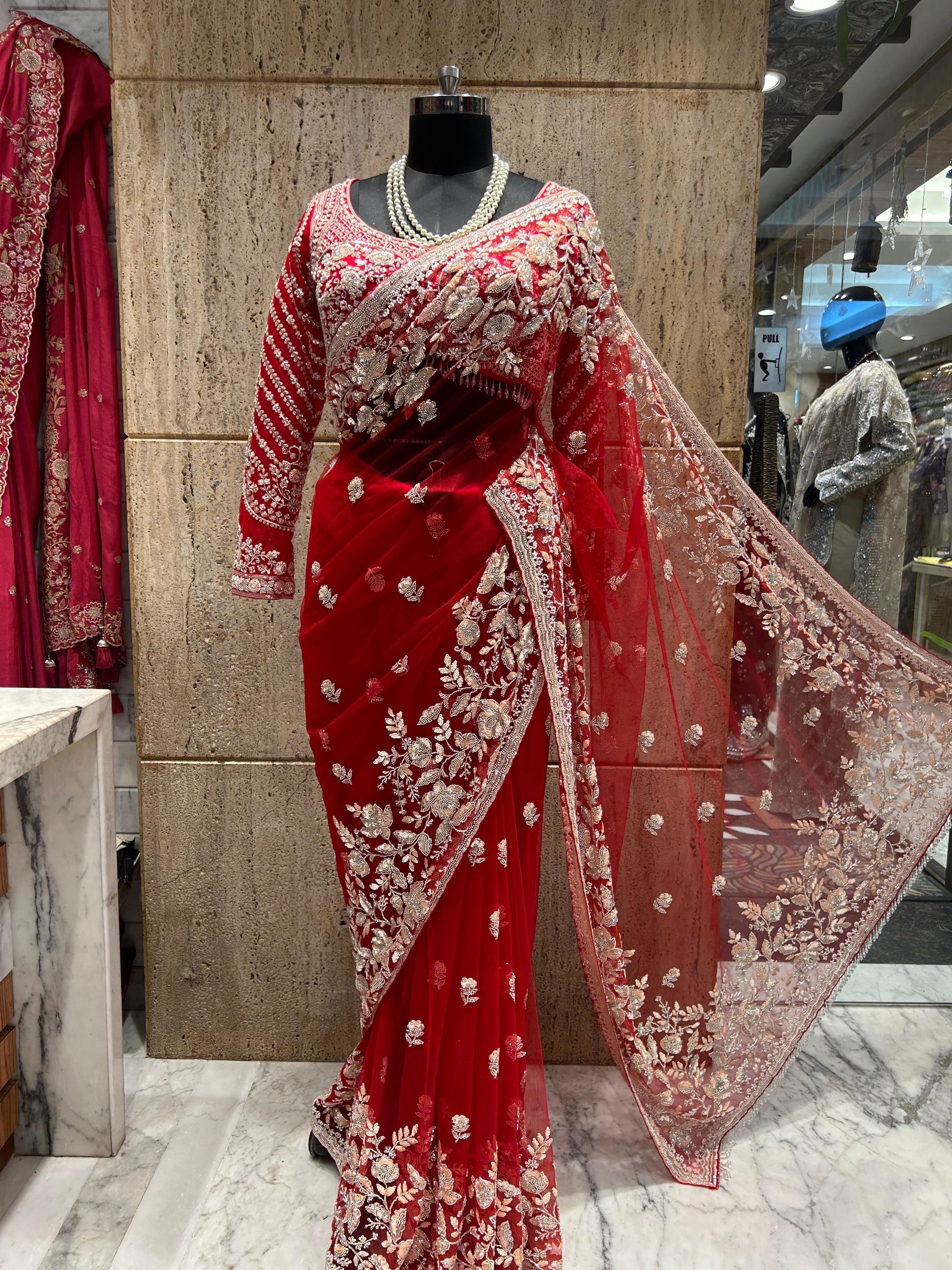 Net designer saree party wear saree’s Indian wedding saree blouse Saffronfashionindia