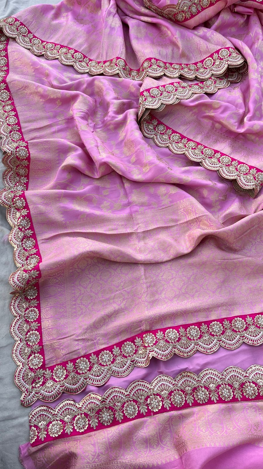 Pink Bordered Munga Silk Banarsi Weaved Saree - Saffronfashionindia
