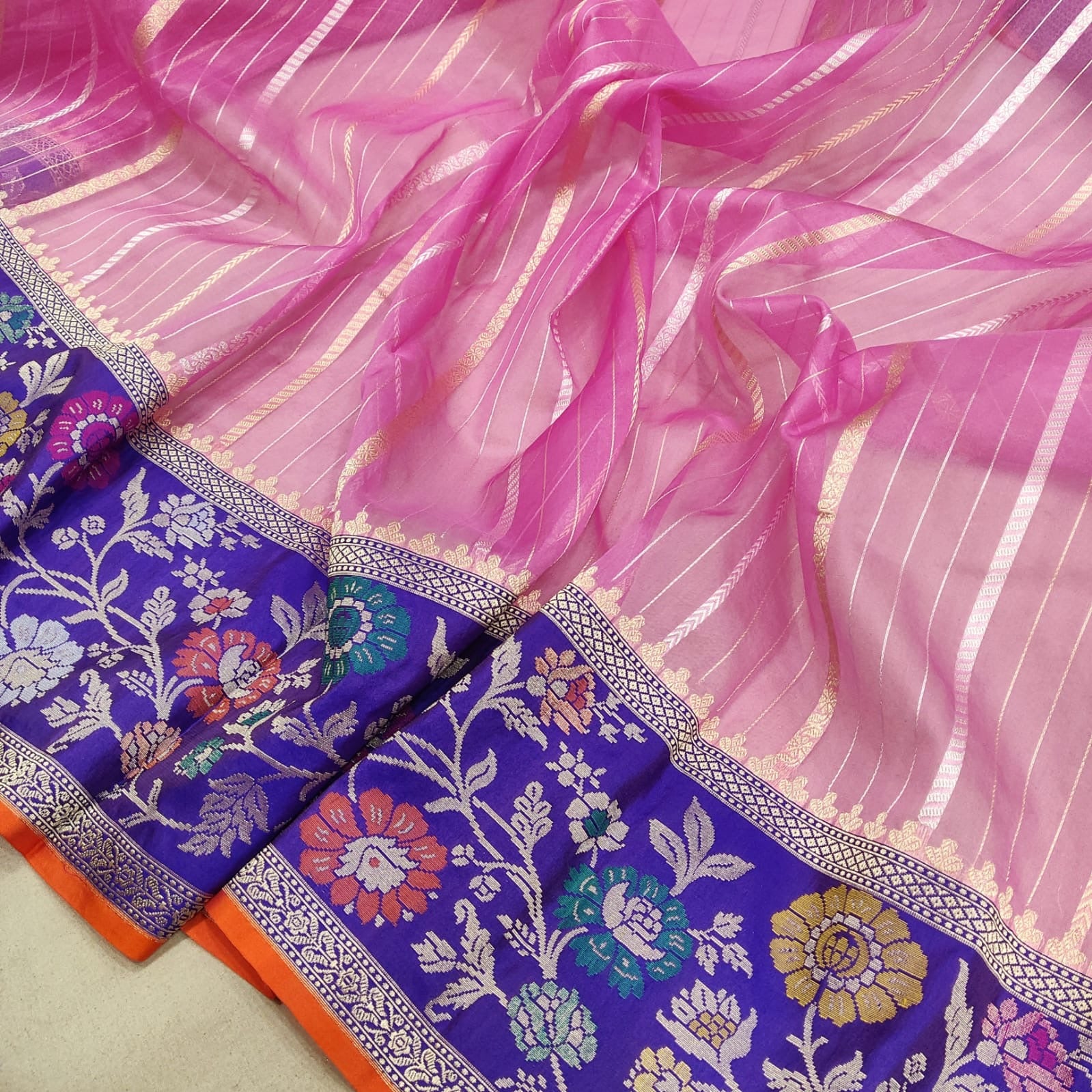 Pink handwoven kora silk saree Zari striped sarees - Saffronfashionindia