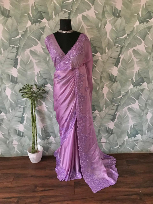 Lilac Satin organza silk saree Partywear sarees Indian sari SaffronFashion