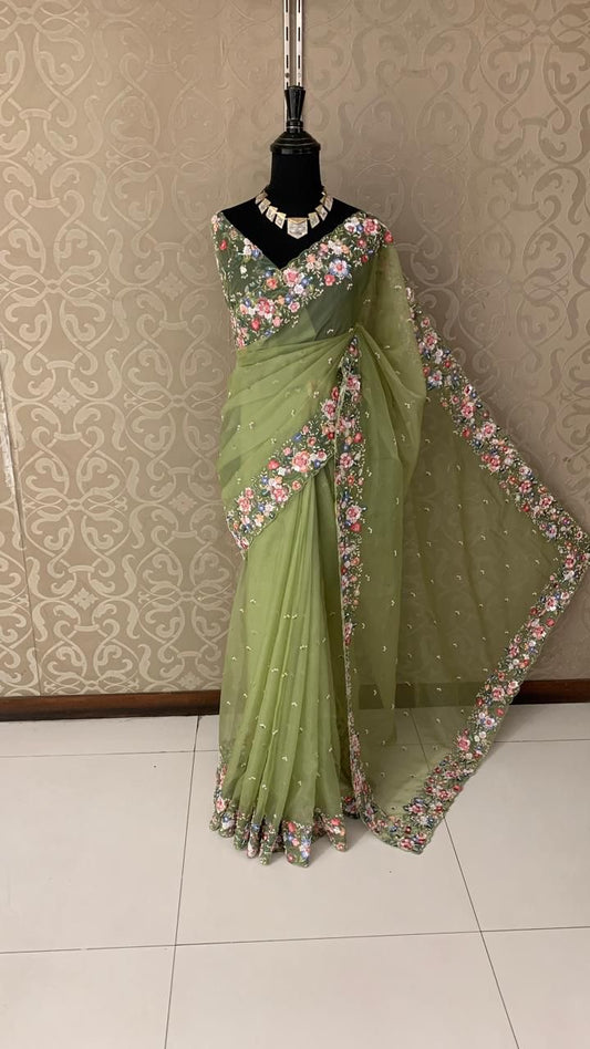 Oluquent organza saree Partywear saree blouse - Saffronfashionindia