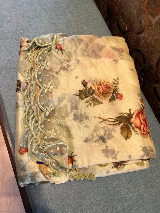 Digital printed Organza Floral Saree Partywear sari - Saffronfashionindia