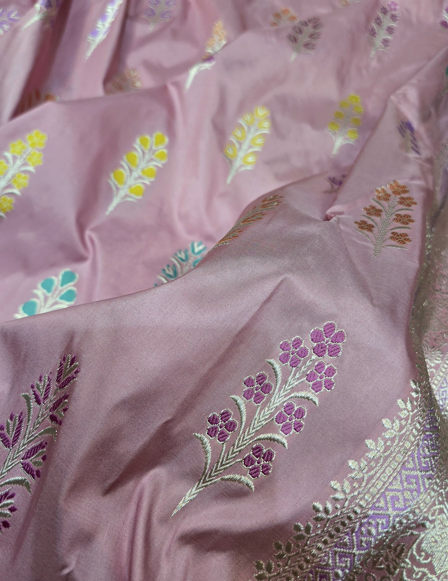 Pink Banarsi saree elegant saree Jamdani tissue sari blouse SaffronFashion