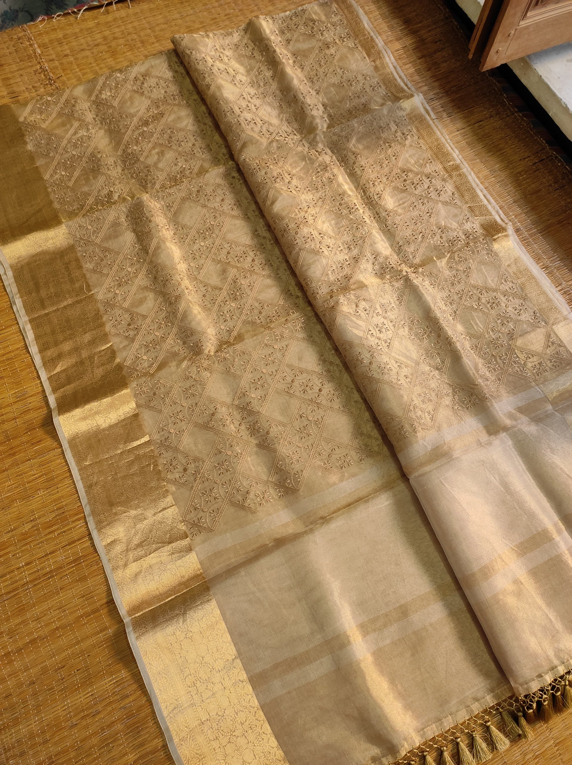 Blensin tissue silk saree embroidered saree Saffronfashionindia