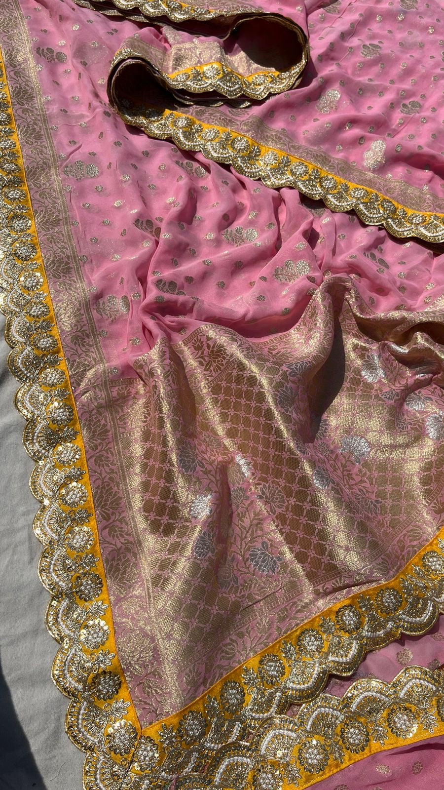 Khaddi Gorgette Banarsi munga saree - Saffronfashionindia