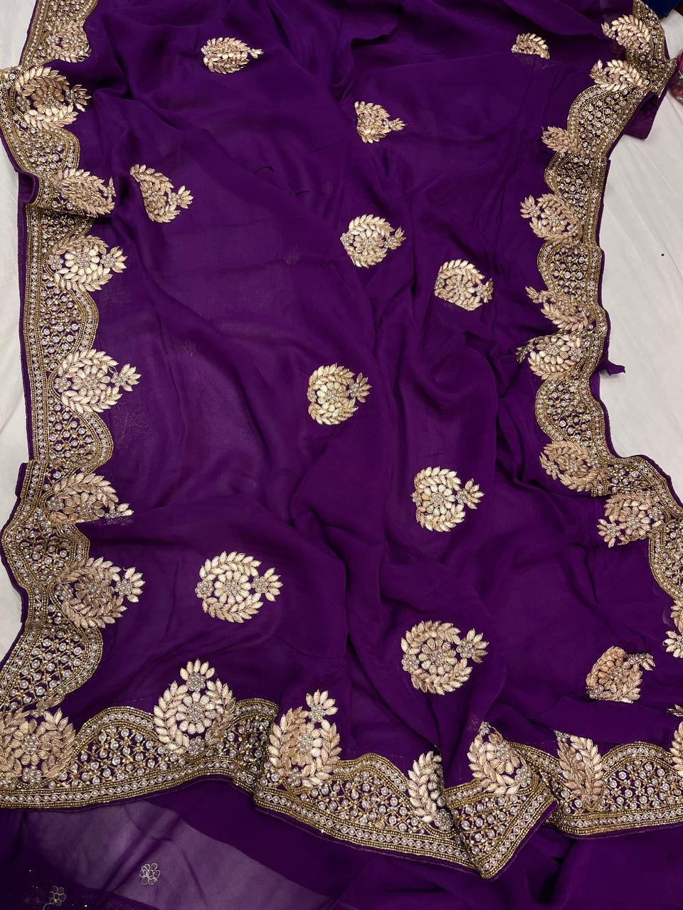 Purple Gorgette Gottapatti Saree Zardosi Saree Indian Sari - Saffronfashionindia