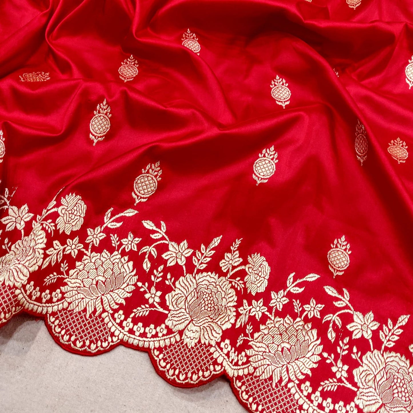 Bridal inspired red Katan saree - Saffronfashionindia