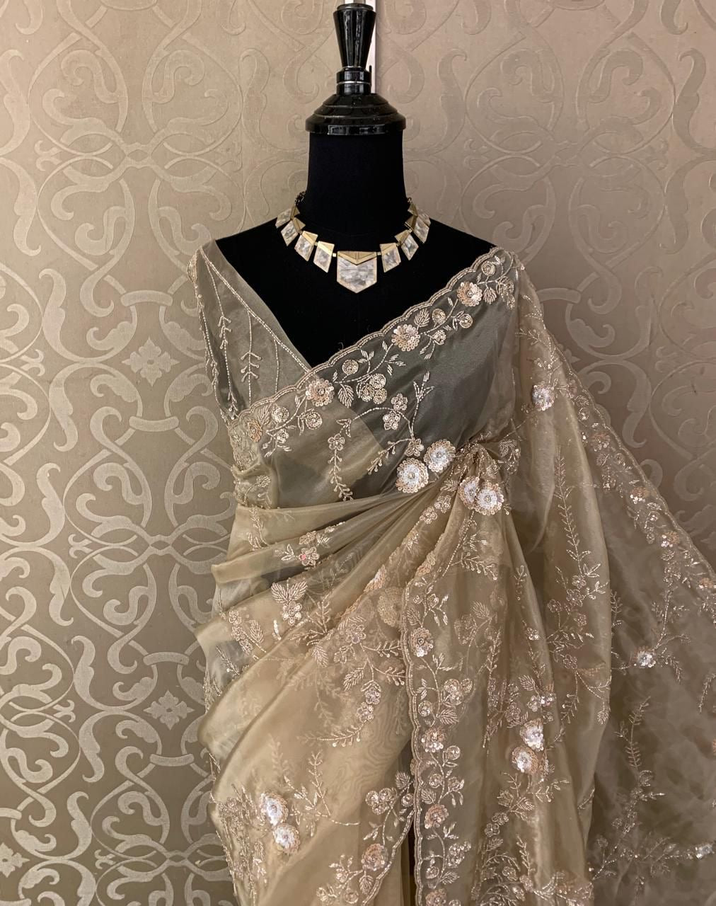 Reception saree party wear handwork sareee handmade sari blouse - Saffronfashionindia