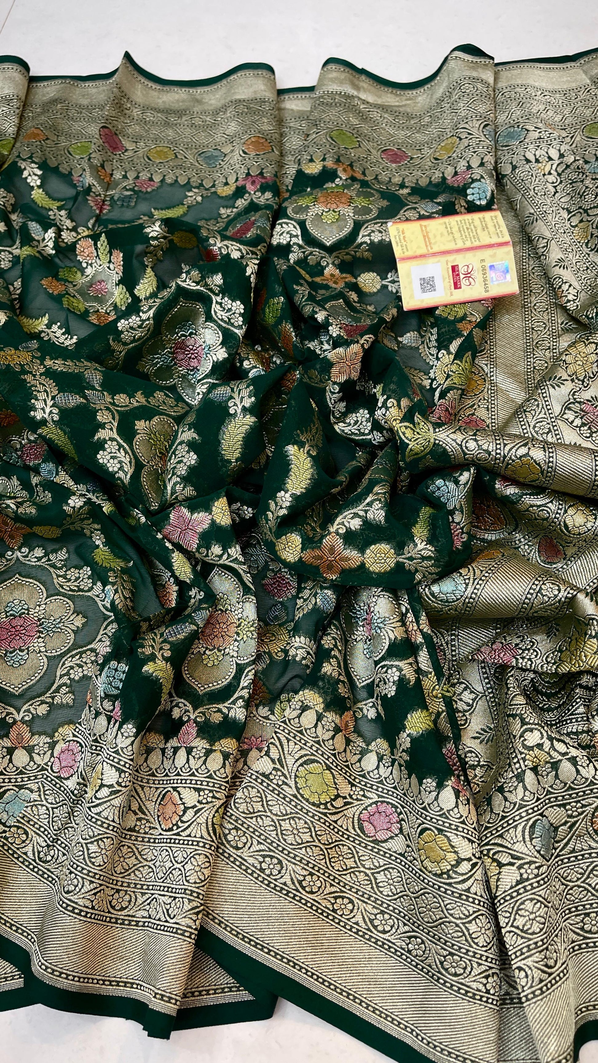 Ramaina Banarsi saree Khaddi gorgette saree woven sari blouse - Saffronfashionindia