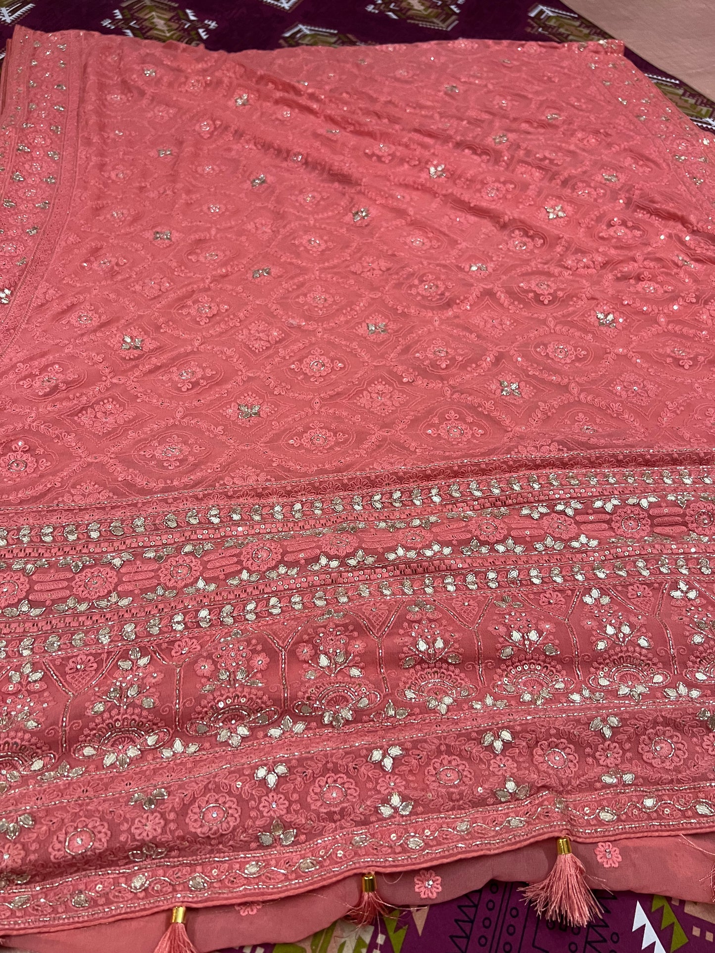 Peach Chikankari saree gorgette saree Indian saree women sari blouse - Saffronfashionindia