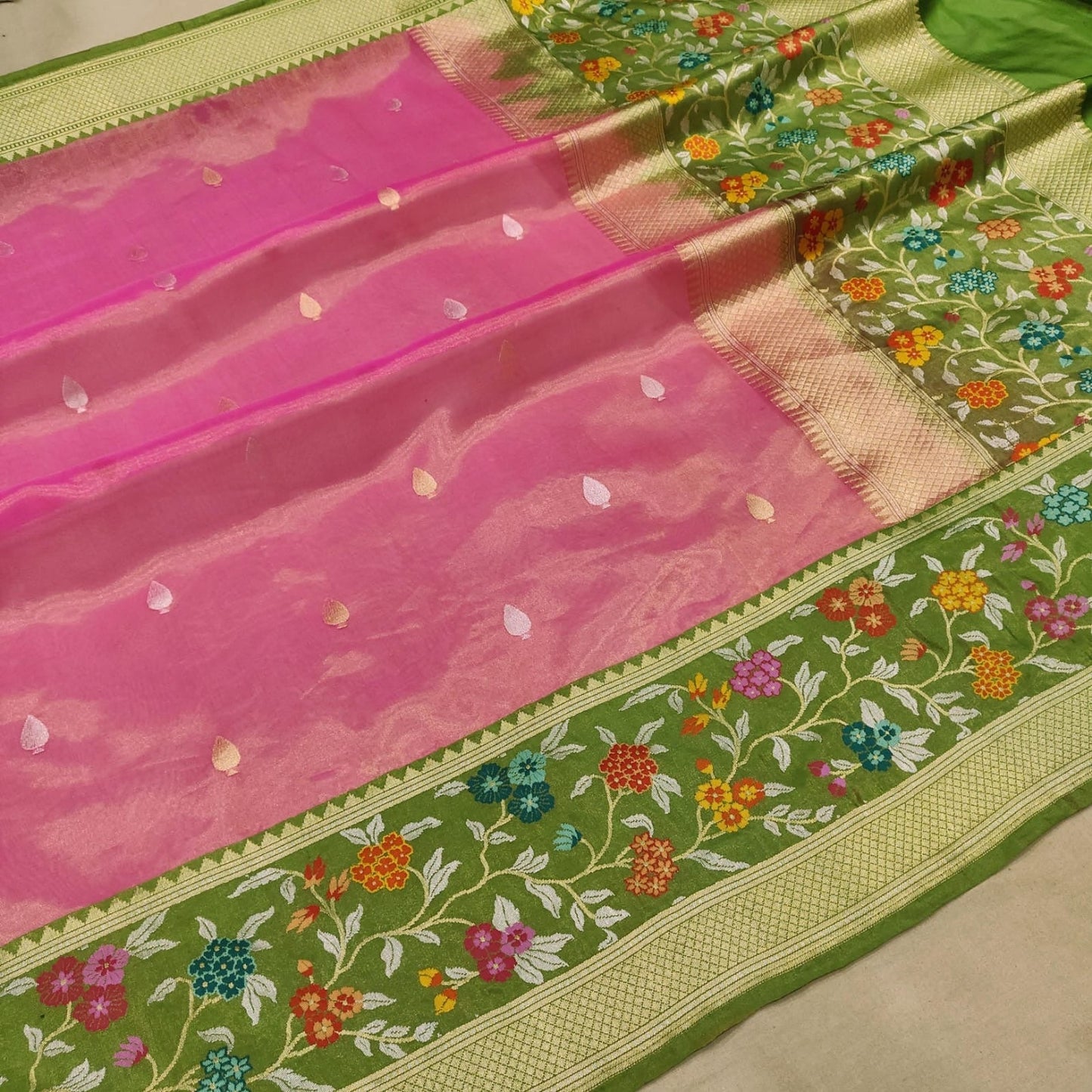 Pink tissue saree handwoven saree blouse SaffronFashion