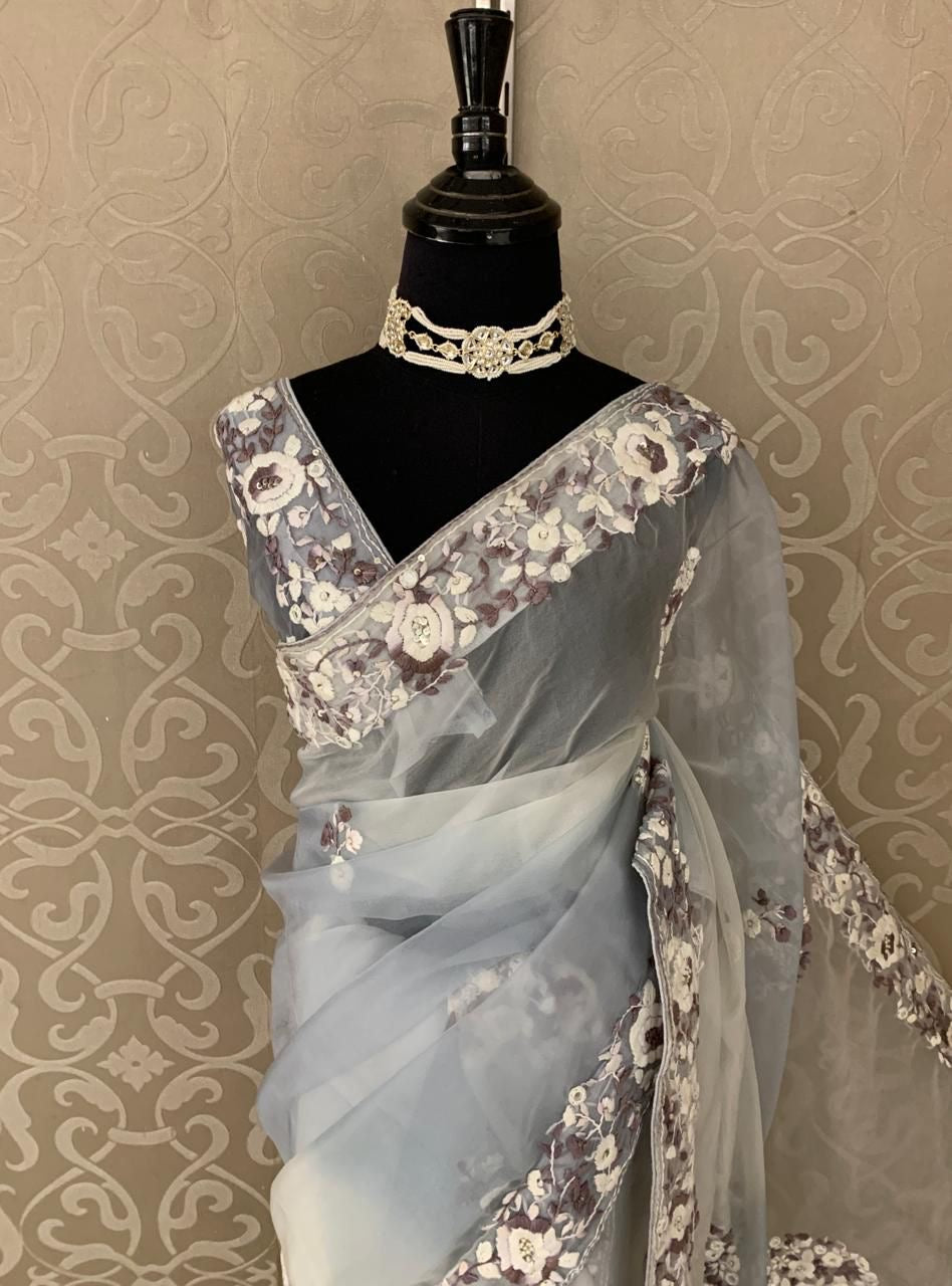 Mishika organza saree handwork saree embroidery saree blouse SaffronFashion