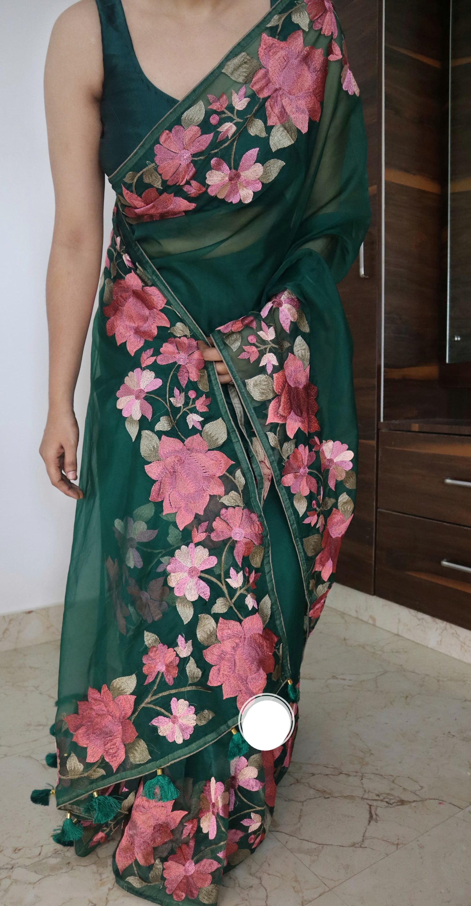 Parsi inspired floral bordered organza saree Indian Partywear sarees - Saffronfashionindia