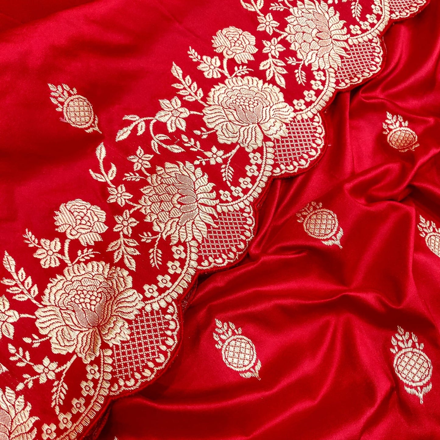 Bridal inspired red Katan kadwa handwoven saree - Saffronfashionindia