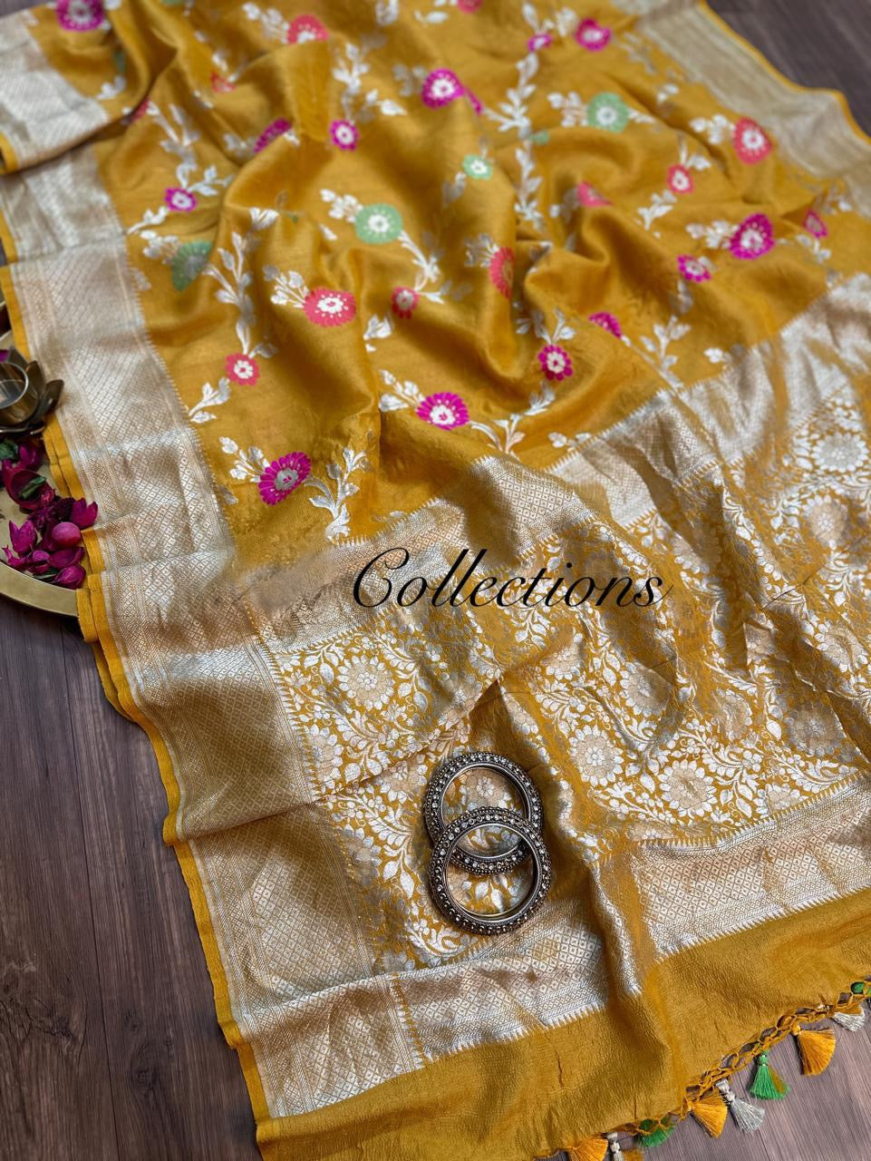 Yellow Khaddi gorgette saree Indian wedding sarees blouse - Saffronfashionindia