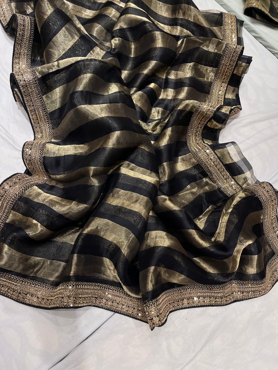 Striped Organza saree velvet blouse stylish saree women girlish sari - Saffronfashionindia