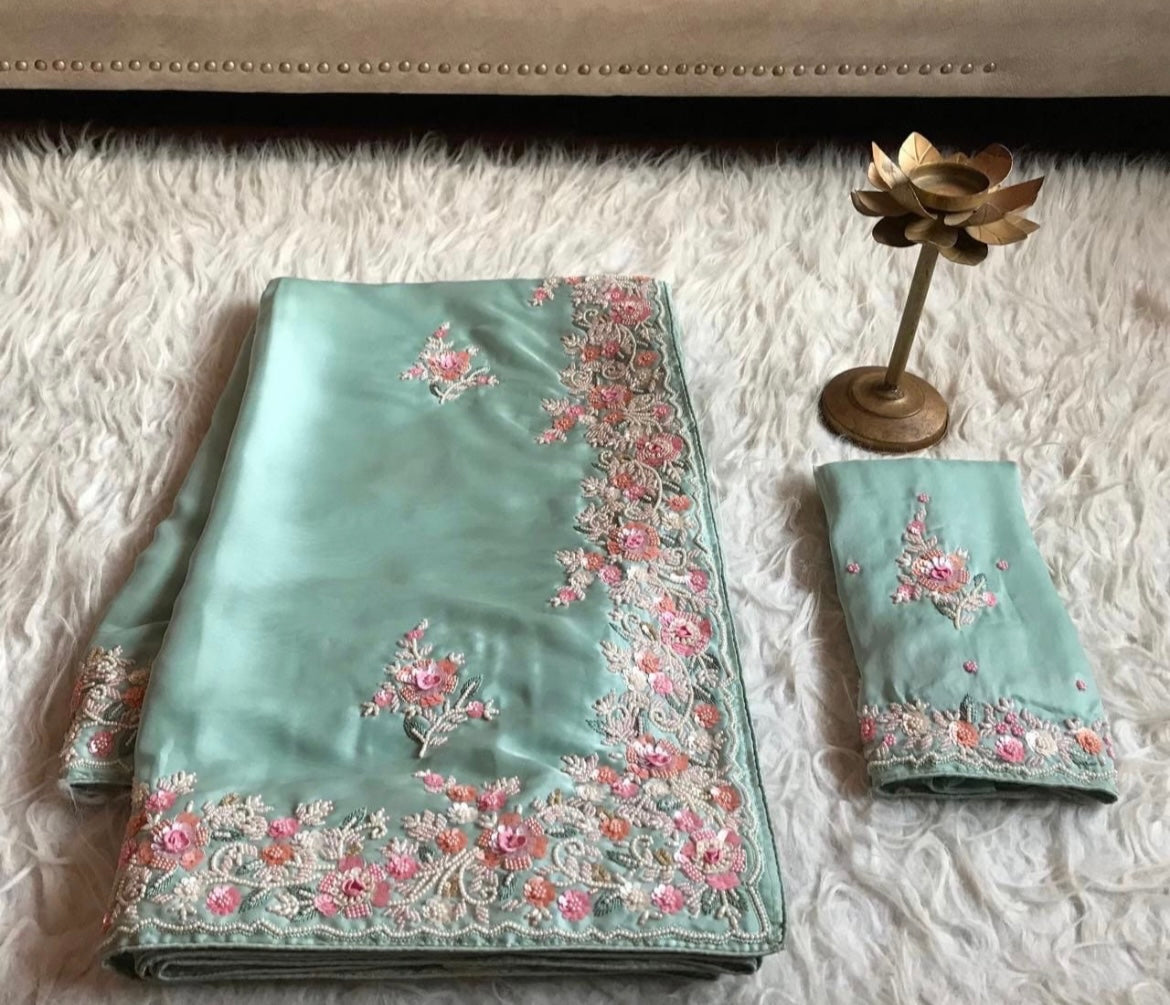 Sea green embellished satin organza saree luxury saree - Saffronfashionindia