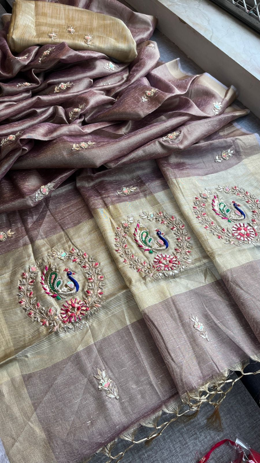 Peacock inspired tissue silk saree linen saree SaffronFashion