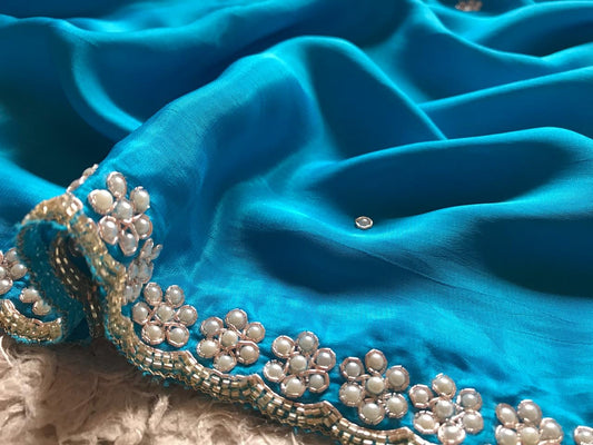Firoza blue saree crepe silk saree pearl daana saree blouse - Saffronfashionindia
