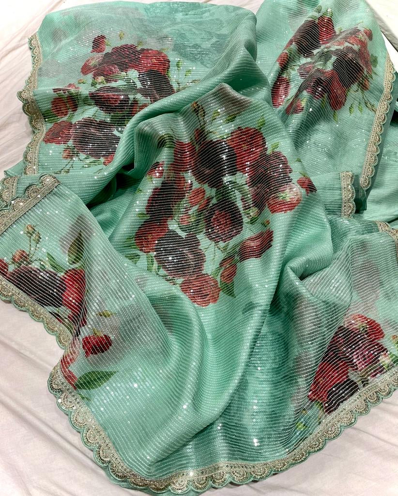 Digitally printed organza floral sarees - Saffronfashionindia