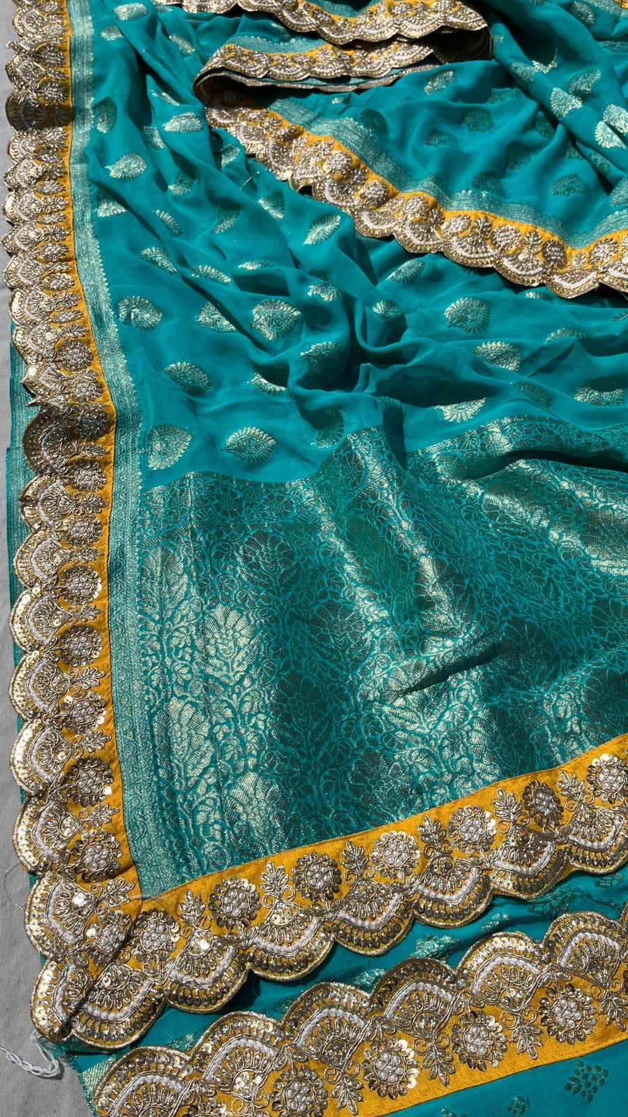 Khaddi Gorgette Banarsi munga saree - Saffronfashionindia