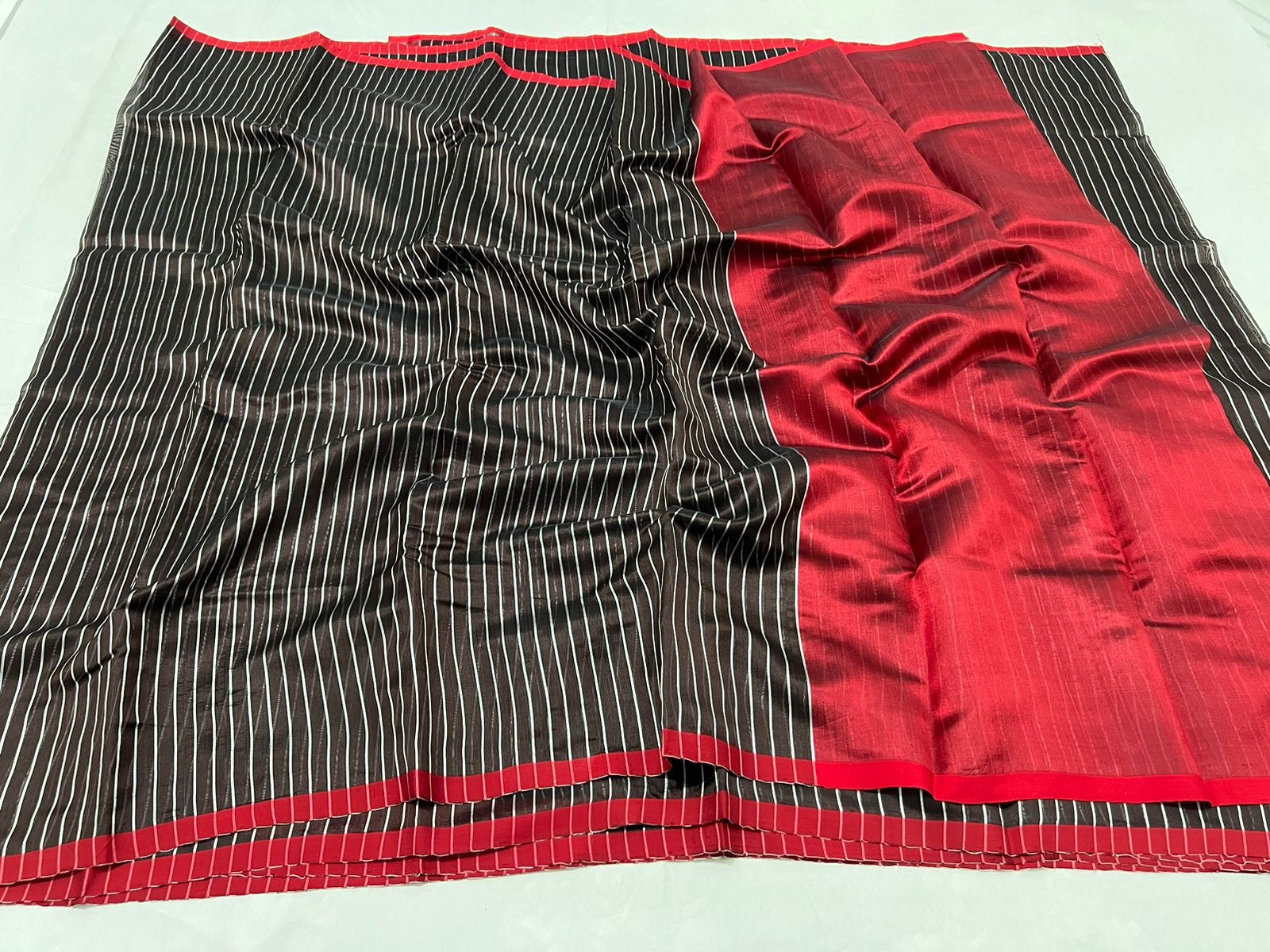 Striped Black red Chanderi saree beautiful sari - Saffronfashionindia