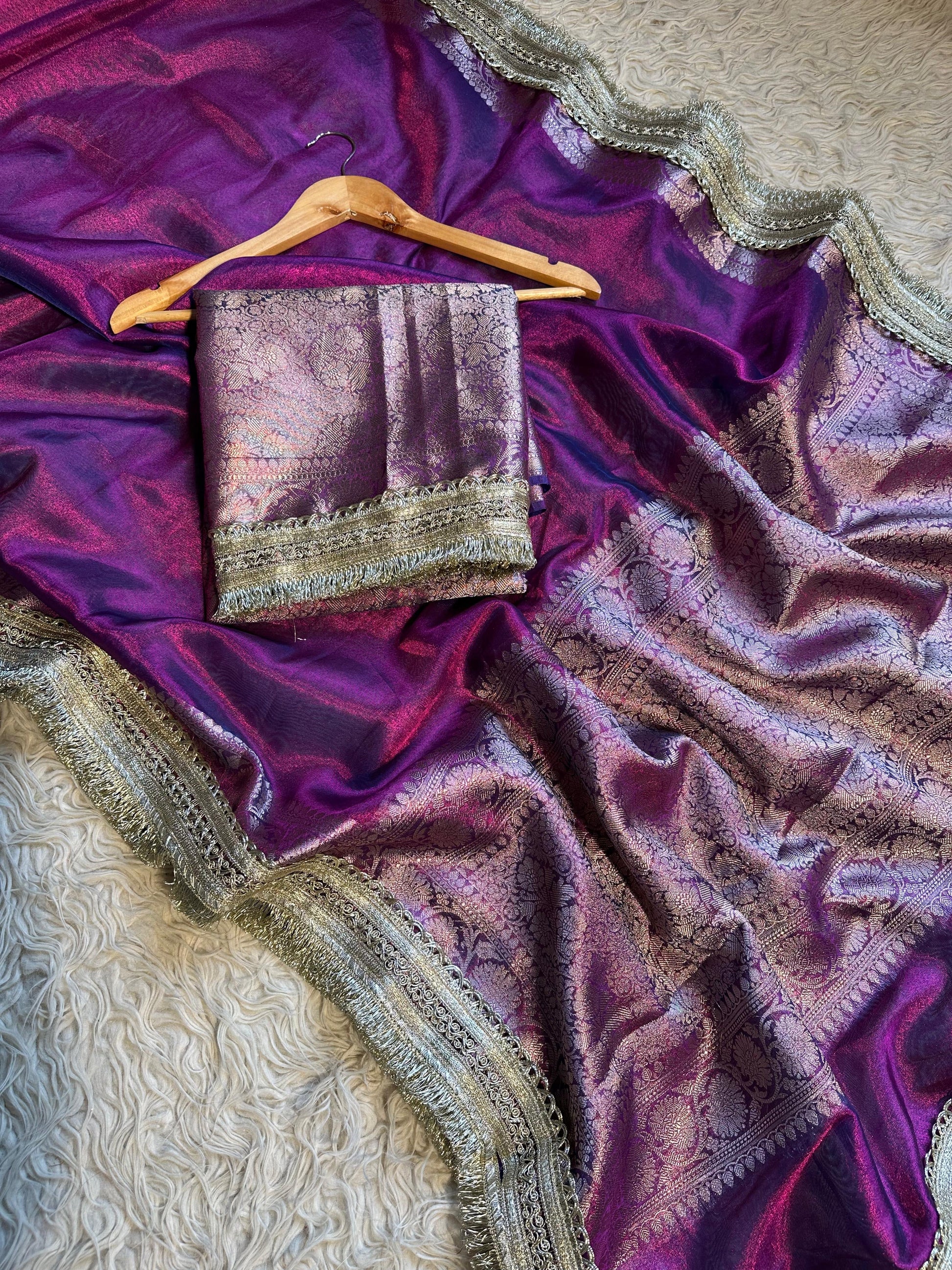 Vahiba Banarsi tissue silk saree lace sari blouse SaffronFashion