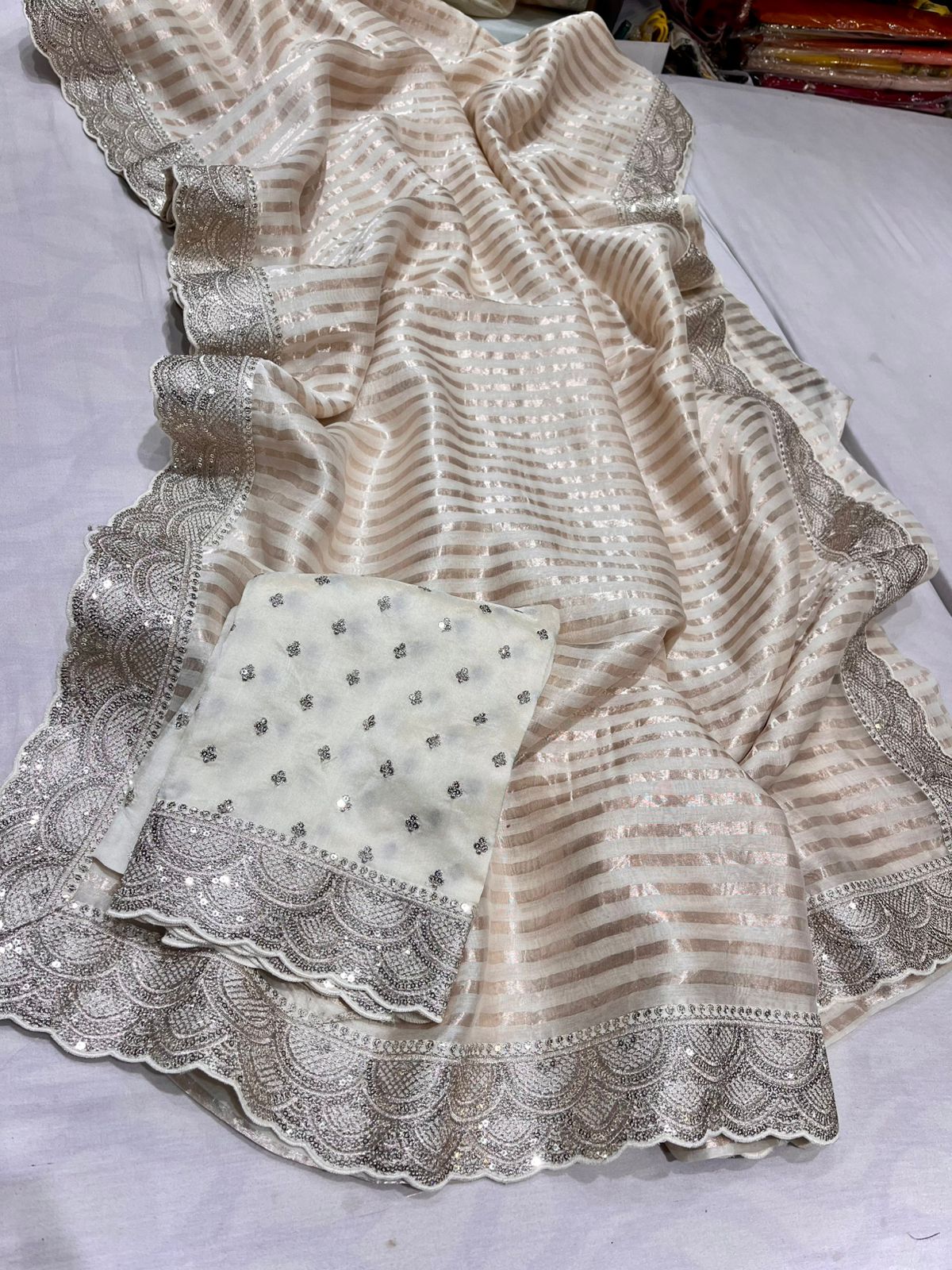 Chanderi Silk saree striped party wear women sarees blouse SaffronFashion