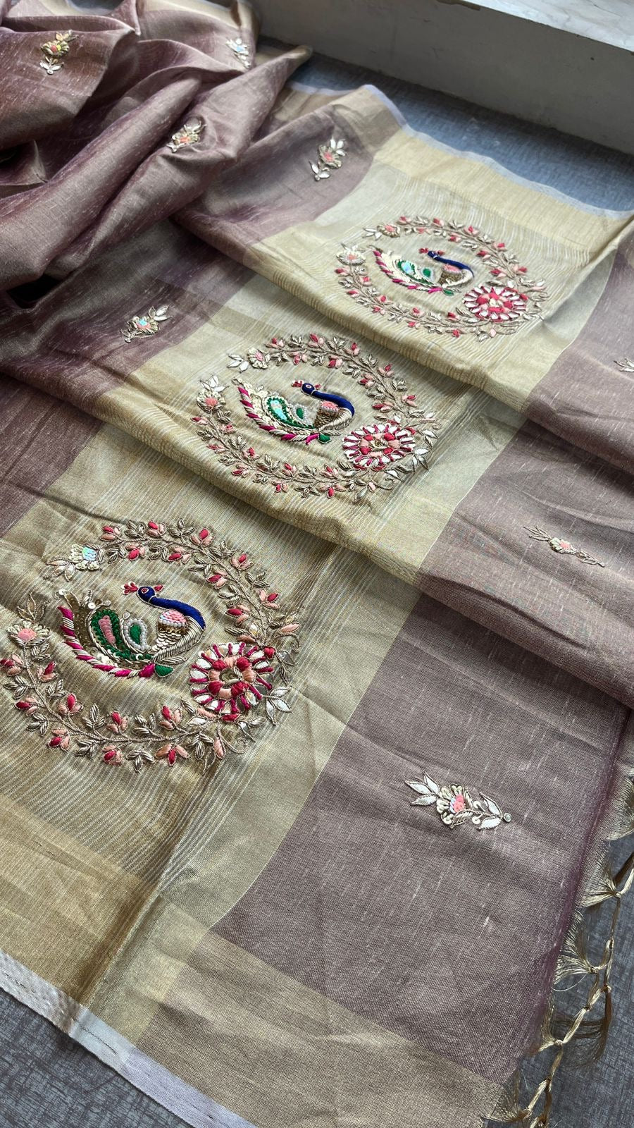 Peacock inspired tissue silk saree linen saree SaffronFashion