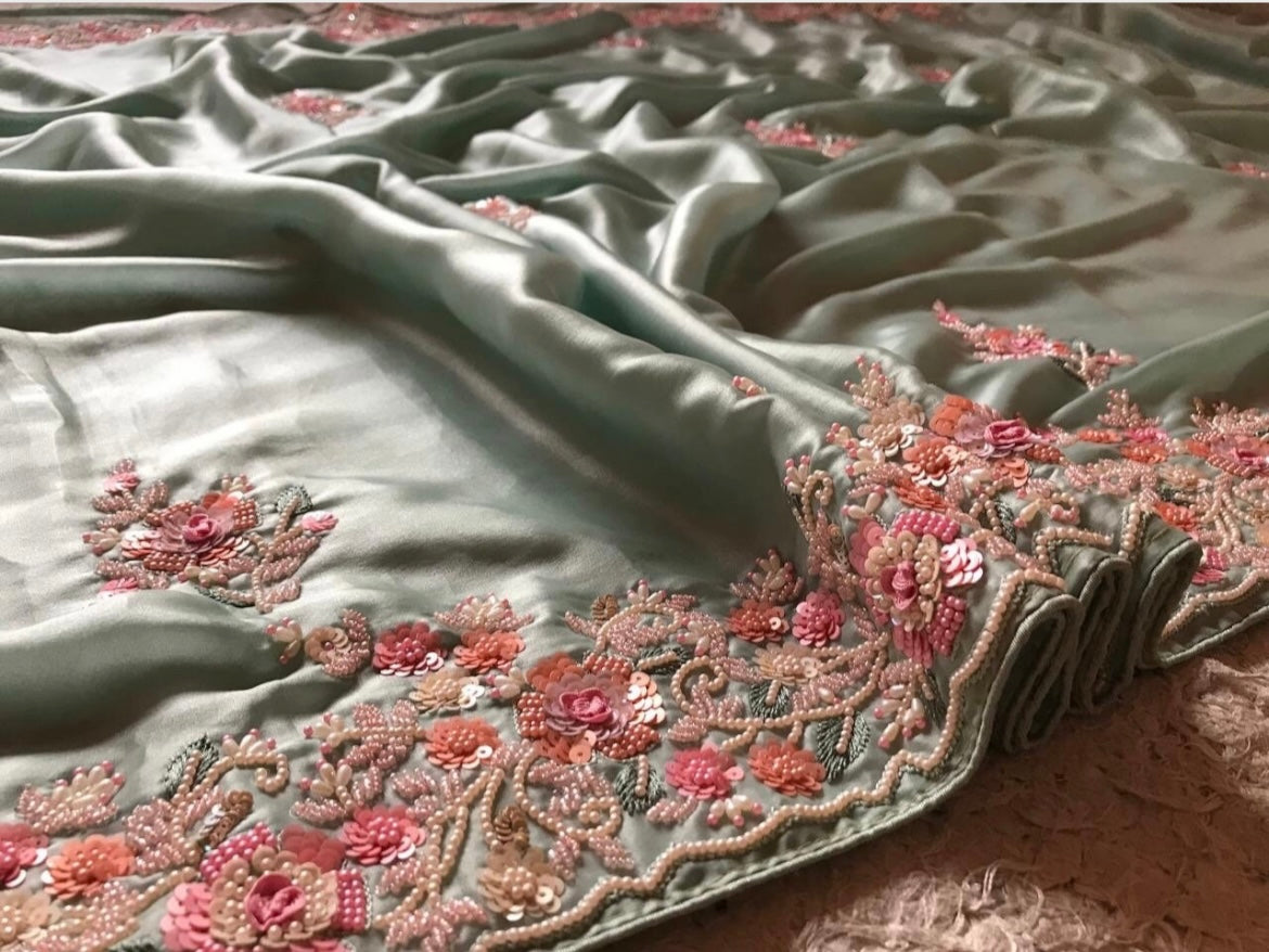 Sea green embellished satin organza saree luxury saree - Saffronfashionindia