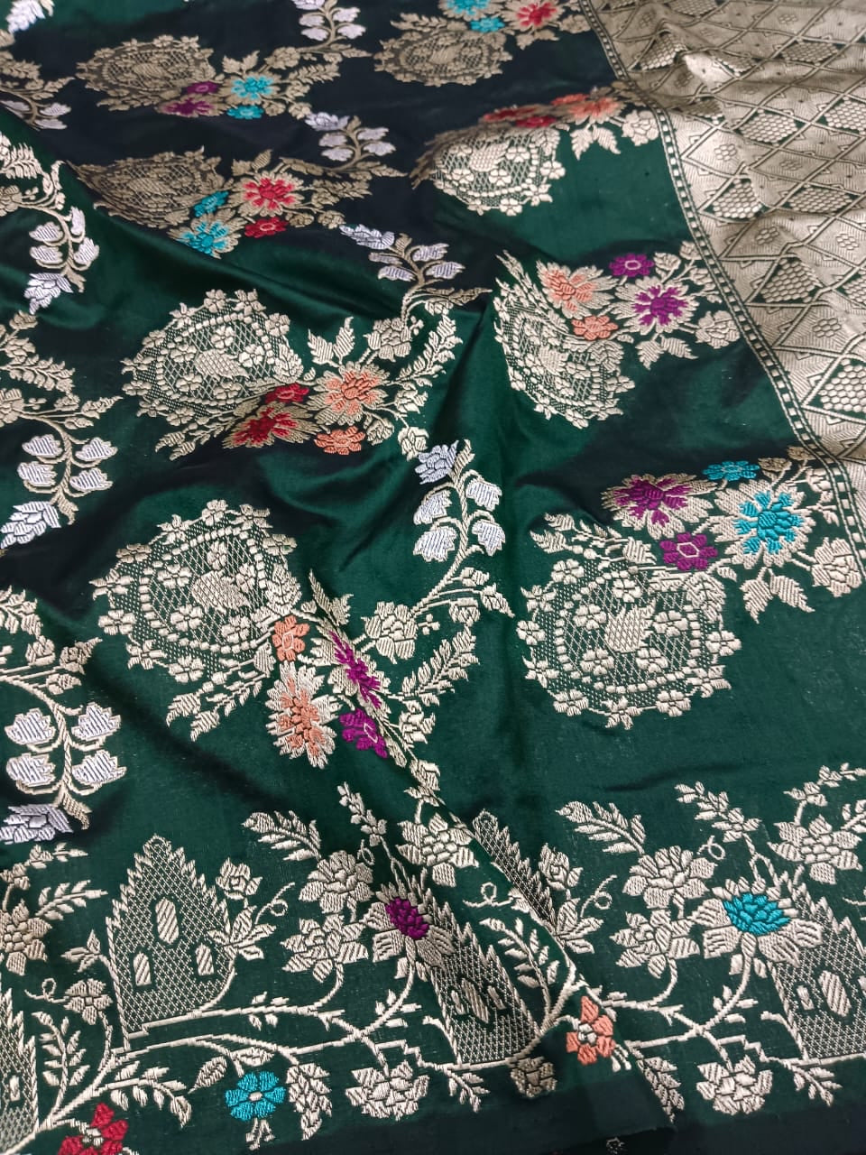 Meenakari green Katan silk saree - Saffronfashionindia