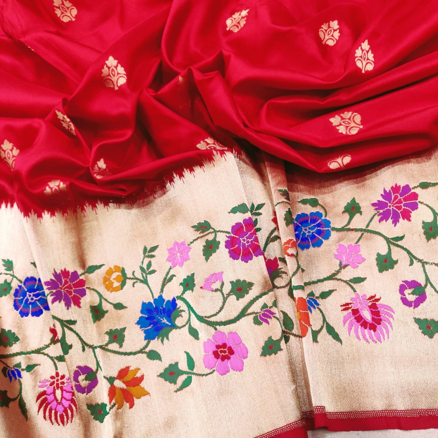 Red Katan handwoven silk saree - Saffronfashionindia