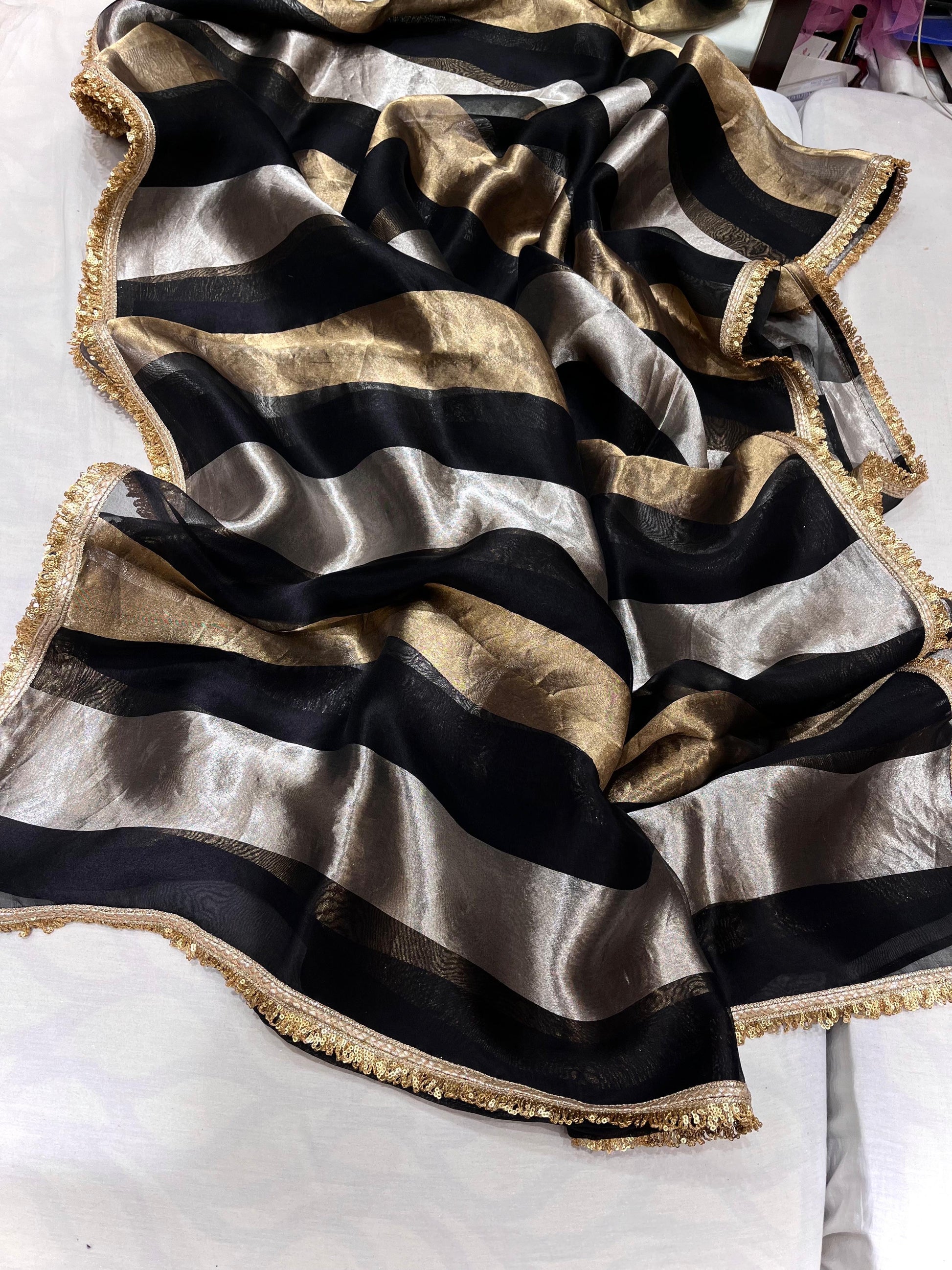 Striped Tissue Organza Saree Partywear Sari - Saffronfashionindia