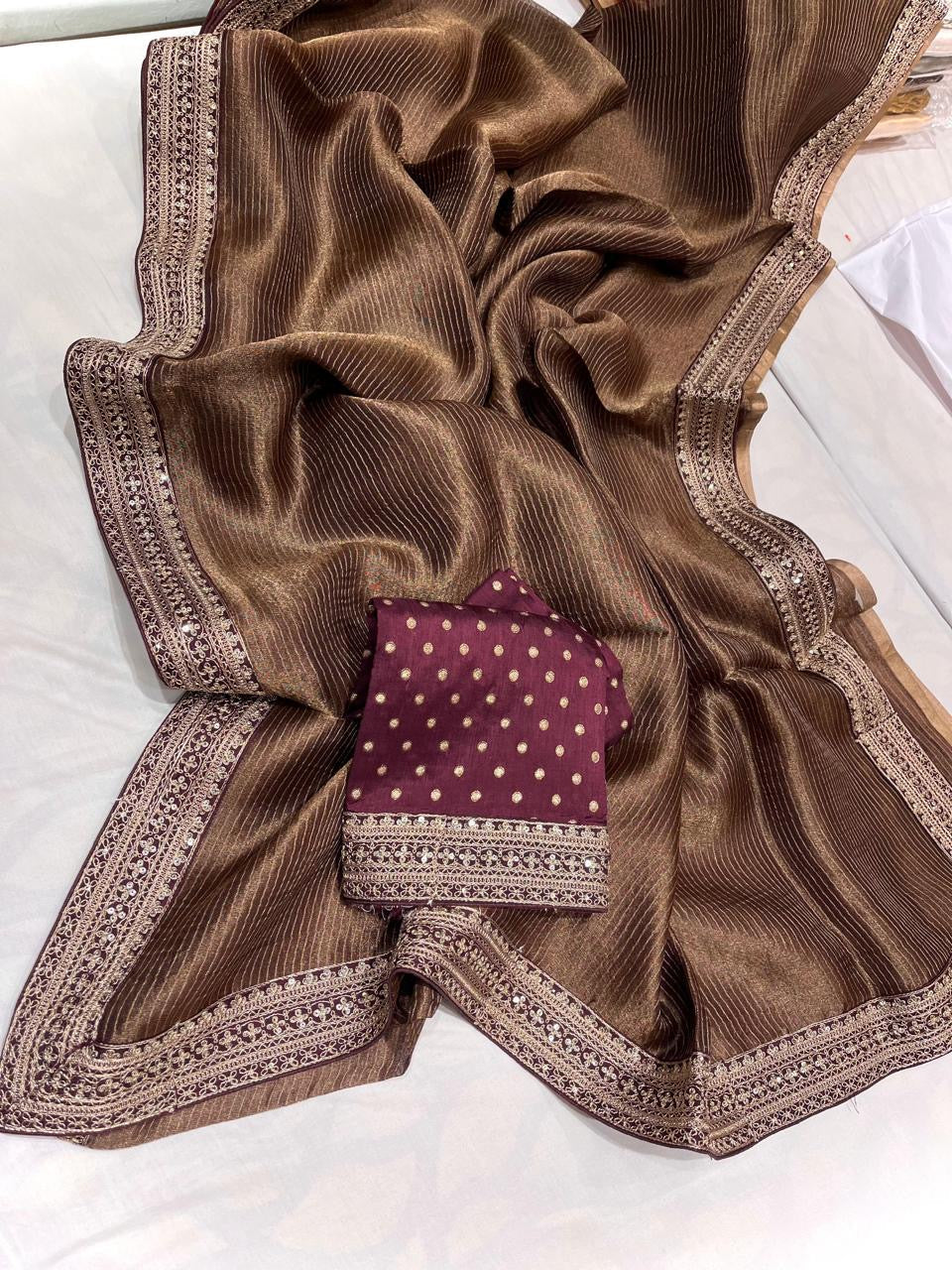 Striped tissue saree Partywear sarees SaffronFashion