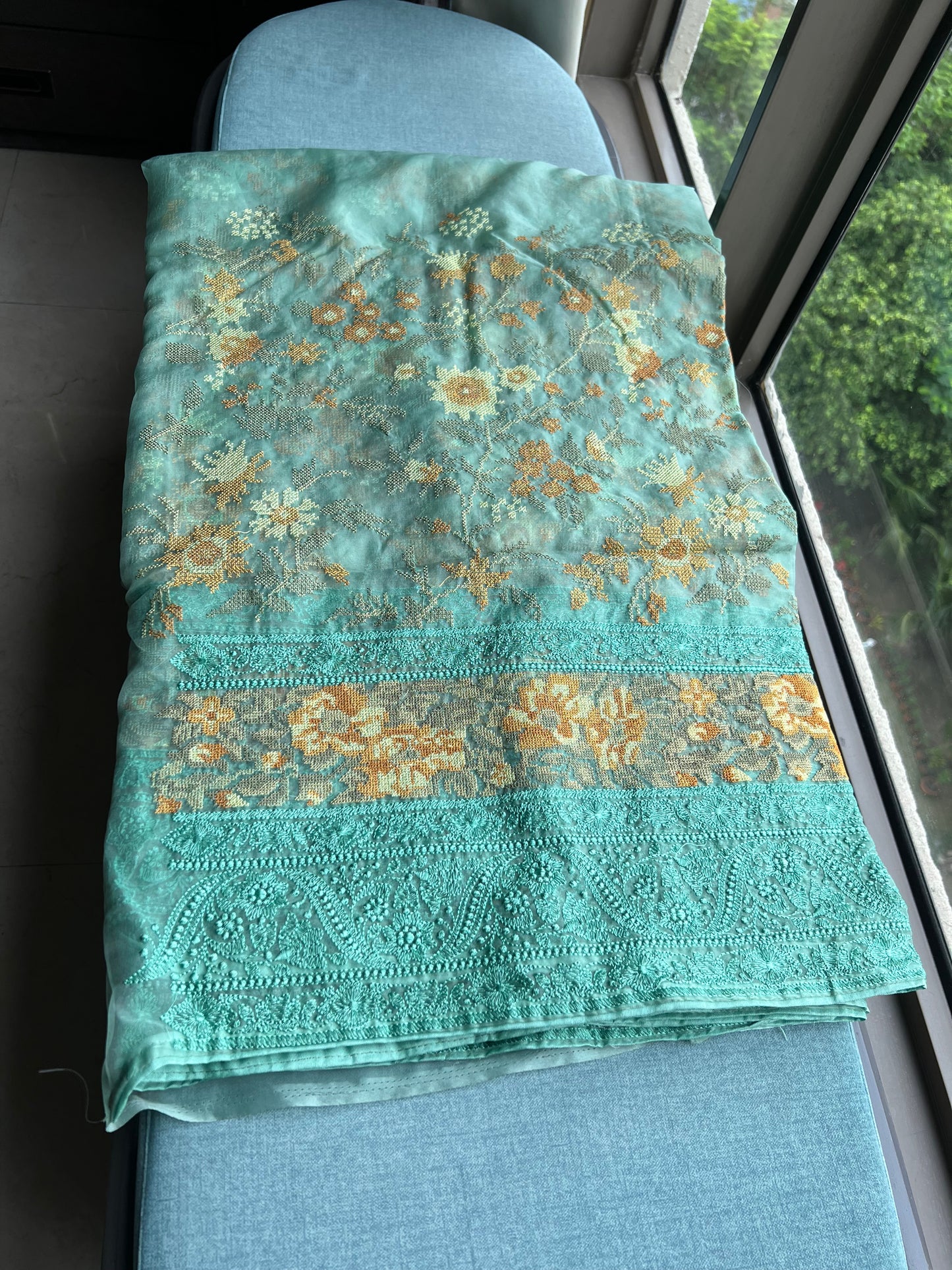 Cross stich inspired organza saree exclusive sarees women saree blouse - Saffronfashionindia