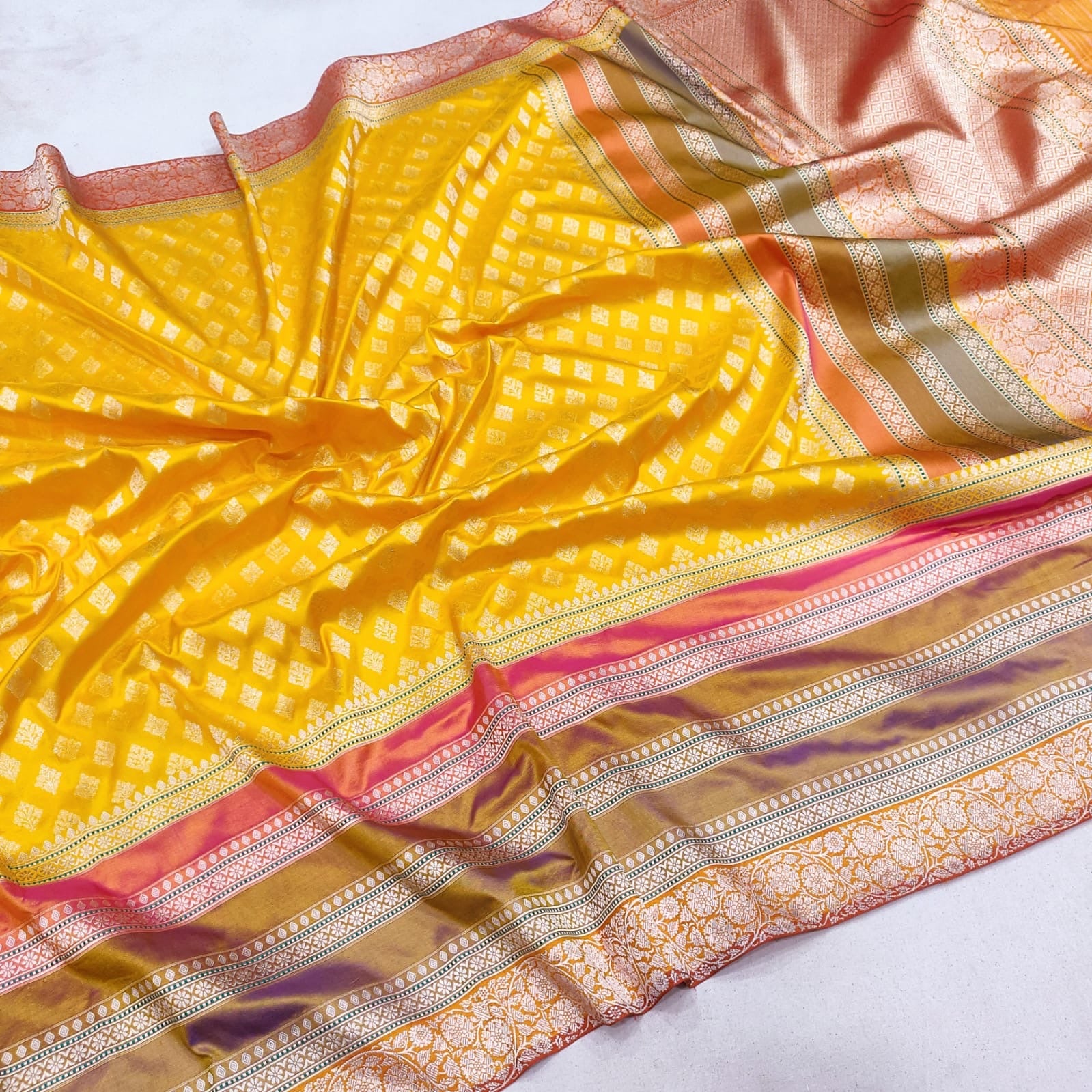 Yellow katan handwoven shaded milti striped sarees - Saffronfashionindia
