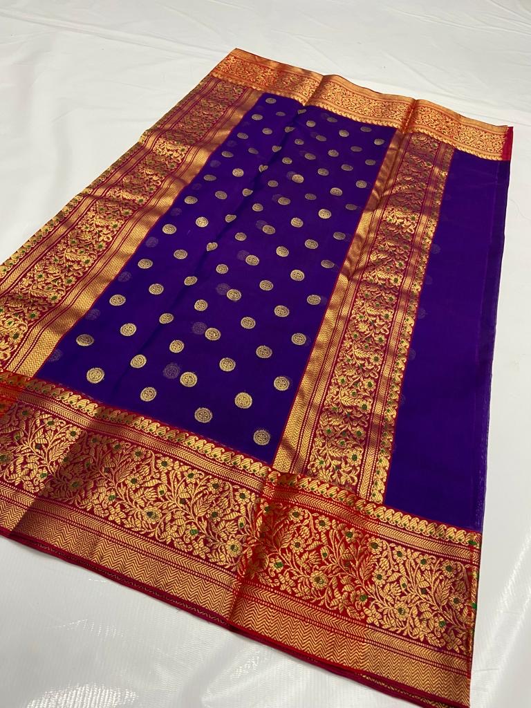 Chanderi purple Saree Golden bordered saree - Saffronfashionindia