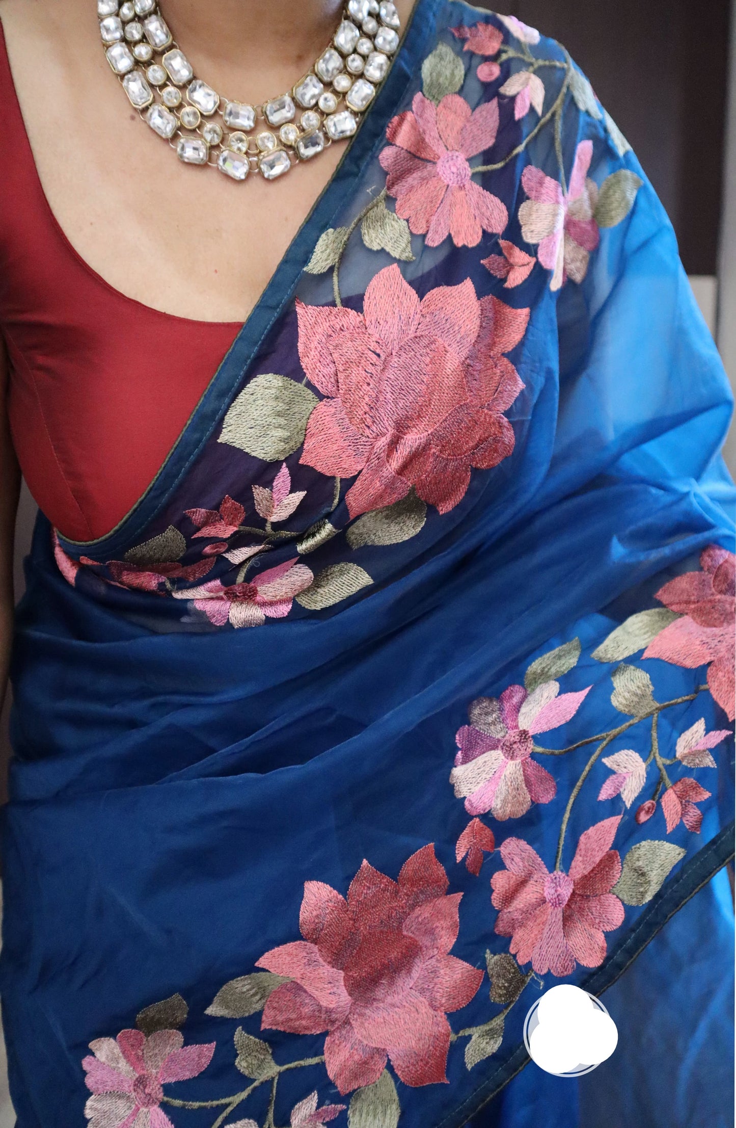 Parsi inspired floral bordered organza saree Indian Partywear sarees - Saffronfashionindia