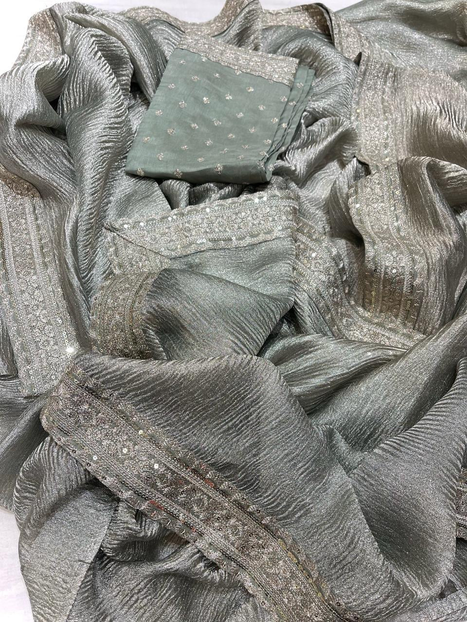 Kinzal Tissue Saree Crushed saree Partywear sari - Saffronfashionindia