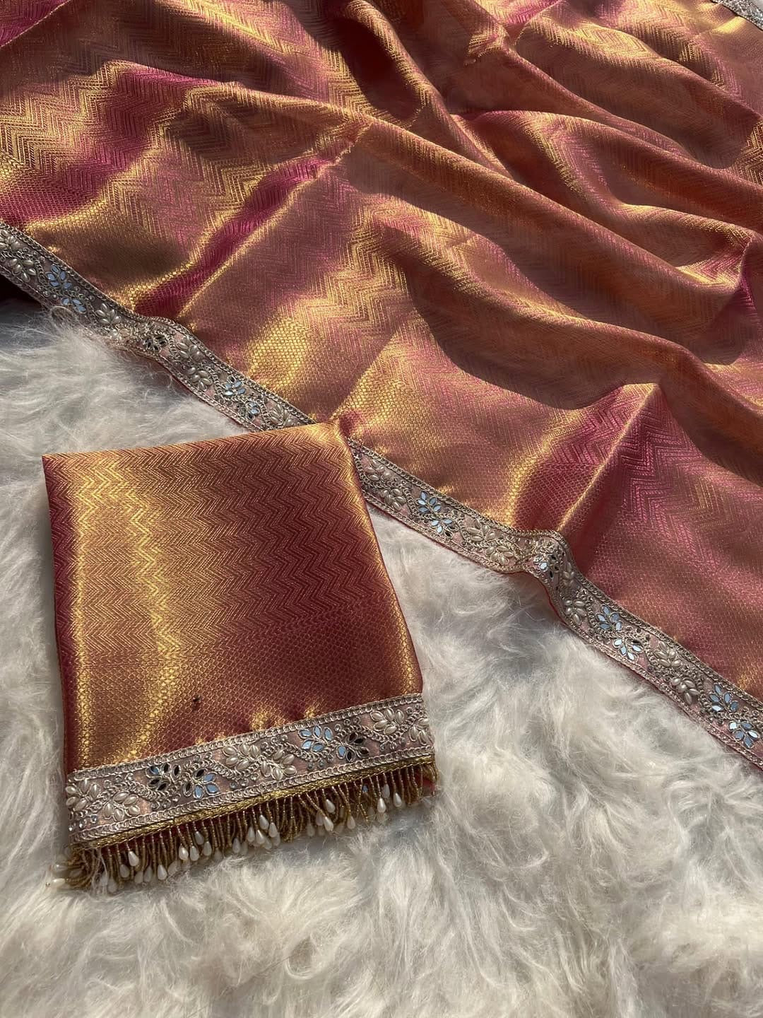 Vahija Banarsi saree soft silk saree partywear sari blouse SaffronFashion