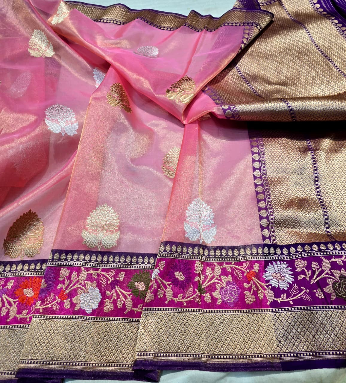 Pink kora saree tissue silk saree Indian sari blouse Saffronfashionindia