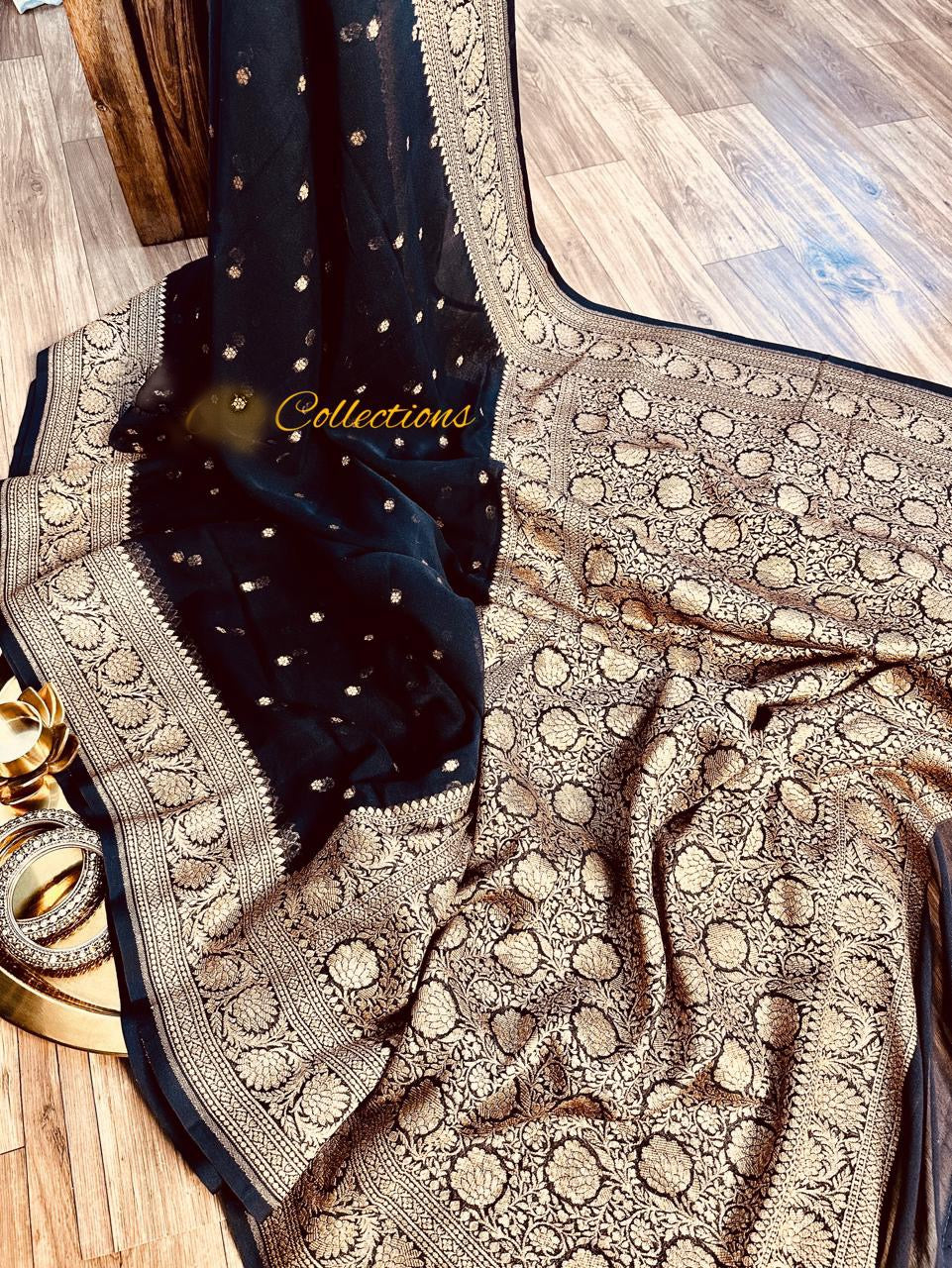 Black handwoven Khaddi Gorgette saree Indian traditional sarees - Saffronfashionindia