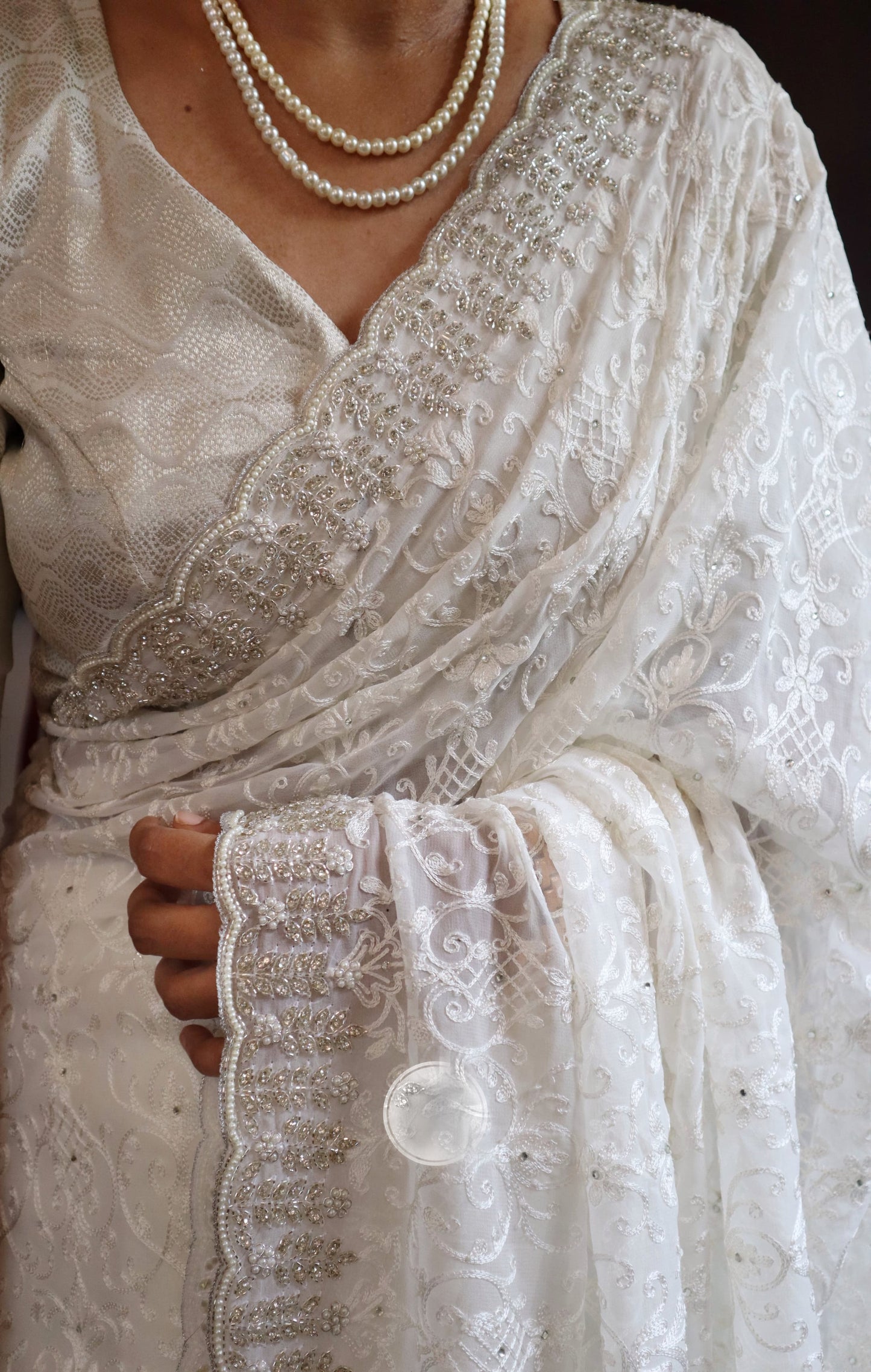 Elegant White Chikankari Saree Gorgette sarees Indian Classy Partywear saree - Saffronfashionindia